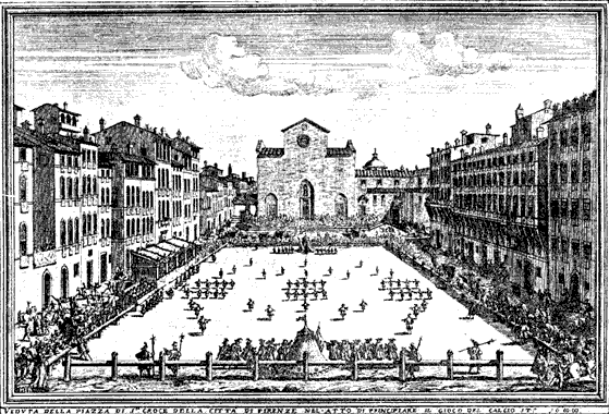 Veduta della piazza di Santa Croce della città di Firenze, inizio di una partita del gioco del calcio, da una stampa italiana del secolo XVII