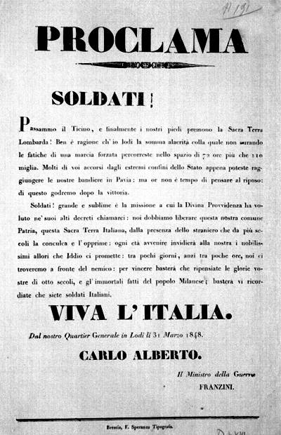 Proclama di Re Carlo Alberto, Lodi 31 marzo 1848.