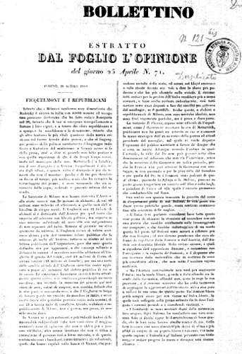 BOLLETTINO ESTRATTO DAL FOGLIO L'OPINIONE, Torino 25 aprile 1848.