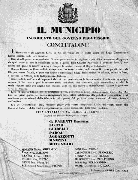 Proclama del Municipio di Modena del 28 giugno 1848.