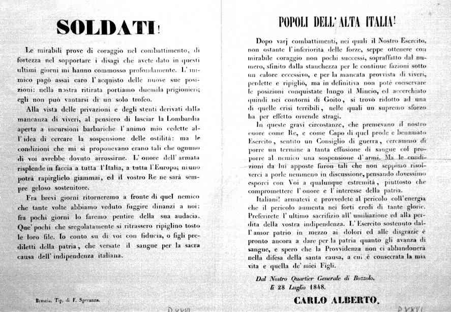 Proclama di Re Carlo Alberto ai soldati e ai popoli dell'alta Italia, Bozzolo 28 luglio 1848.