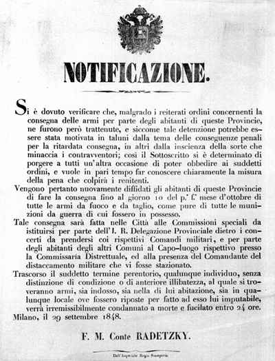 Proclama di Radetzky, Milano 23 settembre 1848.