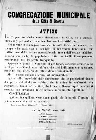 La Congregazione Municipale della città di Brescia annuncia che le truppe Imperiali Austriache hanno abbandonato la città.