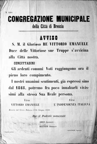 La Congregazione Municipale della città di Brescia annuncia l'arrivo delle truppe di Vittorio Emanuele II.