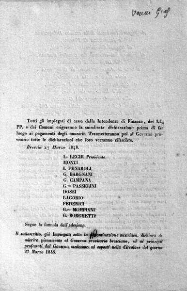 Disposizioni del Governo Provvisorio Bresciano, 27 marzo 1848.