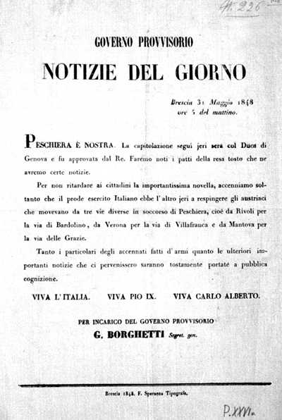 NOTIZIE DEL GIORNO DEL GOVERNO PROVVISORIO, Brescia 31 maggio 1848.