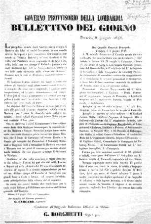 BULLETTINO DEL GIORNO DEL GOVERNO PROVVISORIO, Brescia 8 giugno 1848.