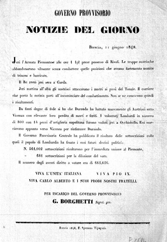 NOTIZIE DEL GIORNO DEL GOVERNO PROVVISORIO, Brescia 11 giugno 1848.