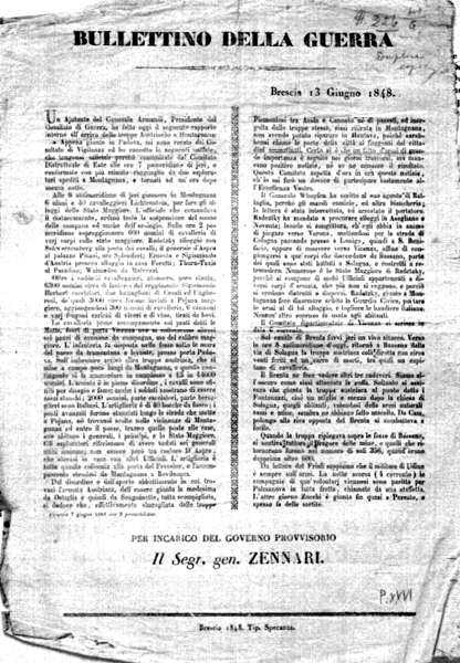 BULLETTINO DELLA GUERRA, Brescia 13 giugno 1848.