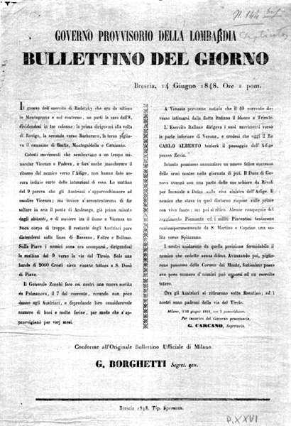 BULLETTINO DEL GIORNO DEL GOVERNO PROVVISORIO DELLA LOMBARDIA, Brescia 14 giugno 1848.