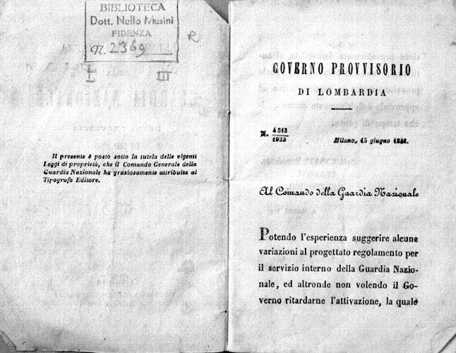 Pagina del Manuale della Guardia Nazionale di Milano del 1848