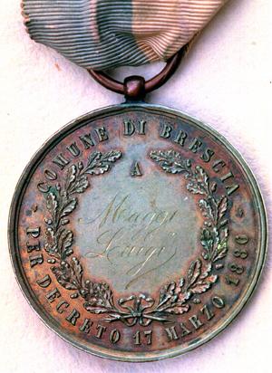 Medaglia commemorativa ai combattenti superstiti delle X giornate del 1849, decretata il 17 marzo 1886. Verso.