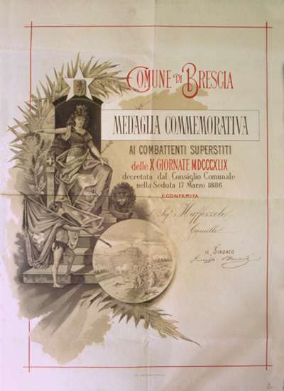 Diploma di assegnazione della medaglia commemorativa ai combattenti superstiti delle X giornate del 1849, decretata il 17 marzo 1886.