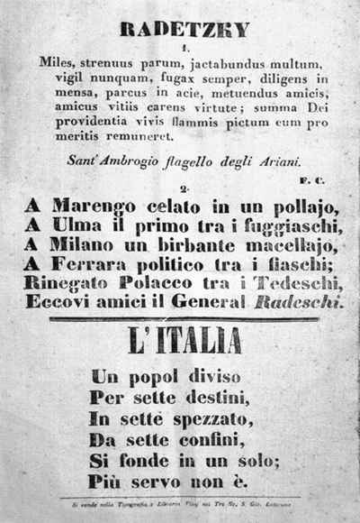 Foglio a stampa, contenente considerazioni cariche di sarcasmo sulla figura di Radetzky.