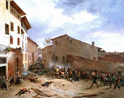 "Combattimento in Via delle Consolazioni" - Faustino Joli (Brescia 1814-1876) - olio su tela cm. 32,5 X 40,5.