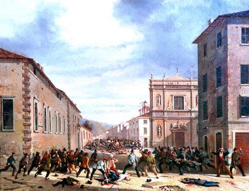 "Combattimento del 31 marzo 1849 in piazzetta San Barnaba" - Faustino Joli (Brescia 1814-1876) - olio su tela cm. 32,5 X 40,5.