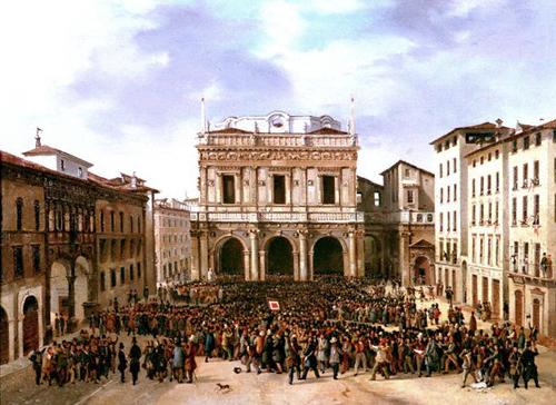 "Il popolo radunato in Piazza Vecchia" - Faustino Joli (Brescia 1814-1876) - olio su tela cm. 32,5 X 40,5.