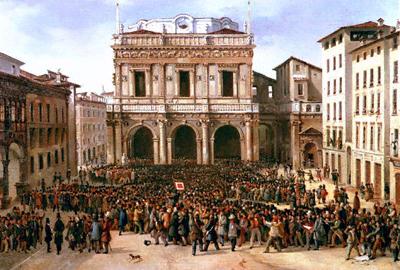 "Il popolo radunato in Piazza Vecchia" - Dettaglio al centro - Faustino Joli (Brescia 1814-1876) - olio su tela cm. 32,5 X 40,5.